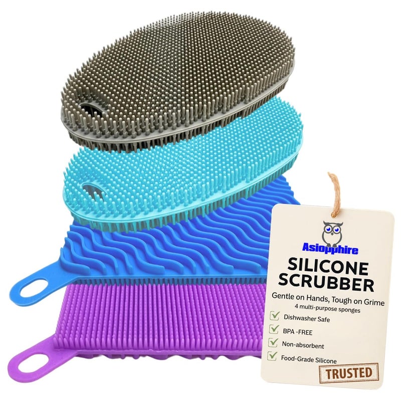 Asiopphire Silicone Sponges for Dishes - 4 Pack Dual-Sided Dish Scrubber and Sponge - Food Grade, BPA Free Silicone Dish Sponge & Housecleaning - Image 1